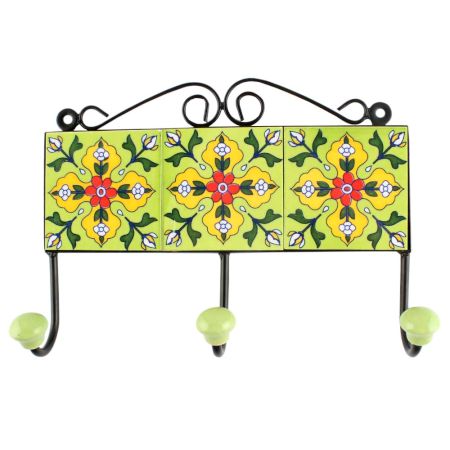 Ceramic Floral Tile Hook in Pea Green